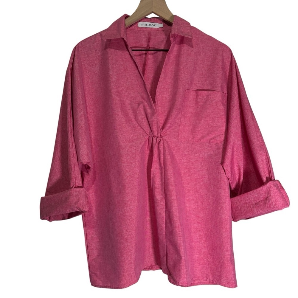 Pink Popover Tunic Top Large Cotton Blend Bell Sleeve Split Neck Boho Resort - Picture 3 of 15